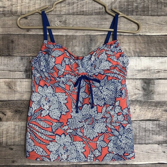 Lands End Tankini Top Size 2 Shelf Bra Padded Underwire Swim Top Bow Front Blue - Picture 1 of 8